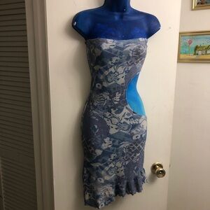 “Jessica k” floral shimmer abstract print mini asymmetrical dress w/cutout side